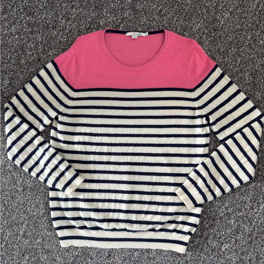 Boden Pink and Navy Striped Crew Neck Sweater 100% Cashmere